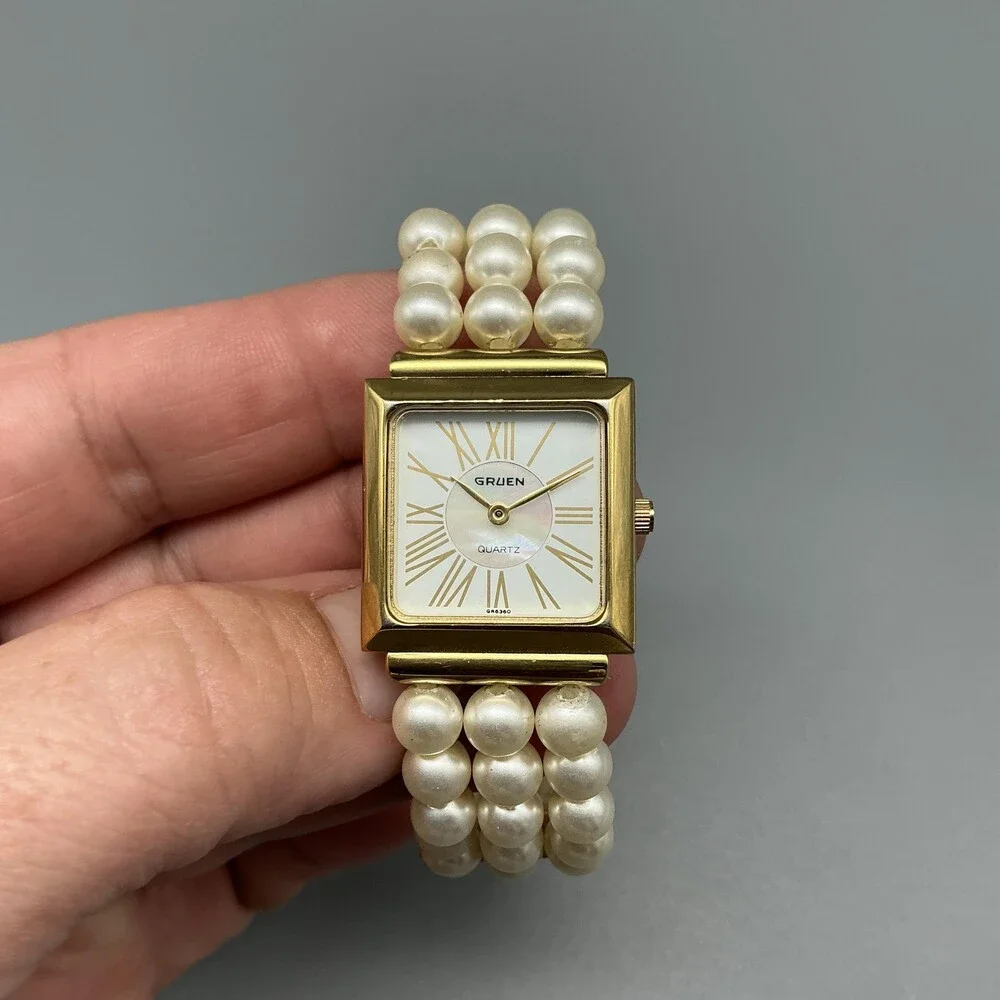 Gruen Womens Watch 22mm Square MOP Faux Pearl Band Gold Tone New Battey 7.25